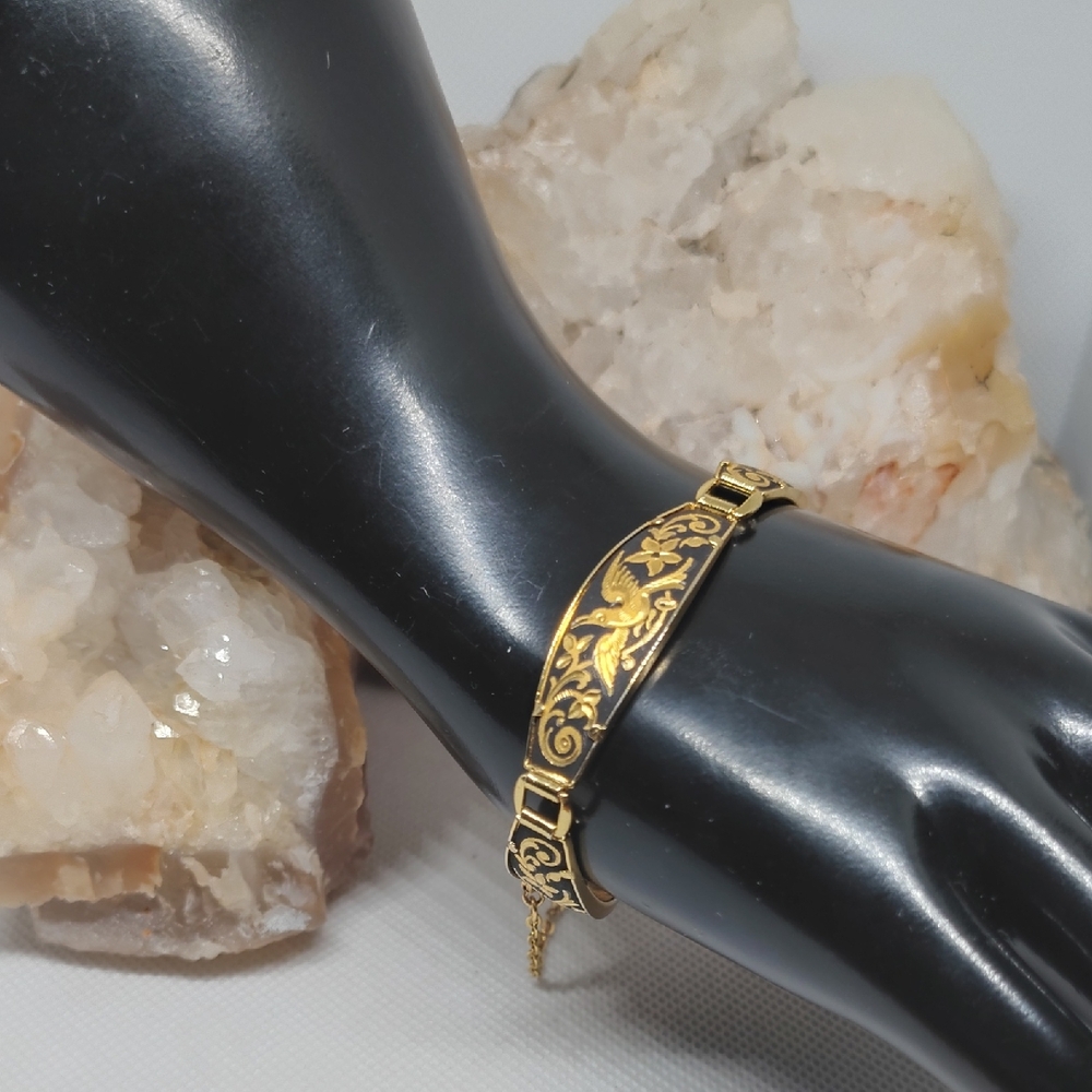 Vintage Damascene Ornate Bracelet With Safety Chain
